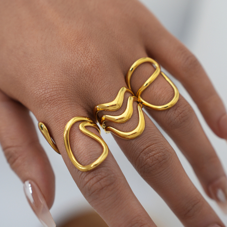 Bague tendance en acier inoxydable doré, forme simple et irrégulière (1 pièce), étanche. 2