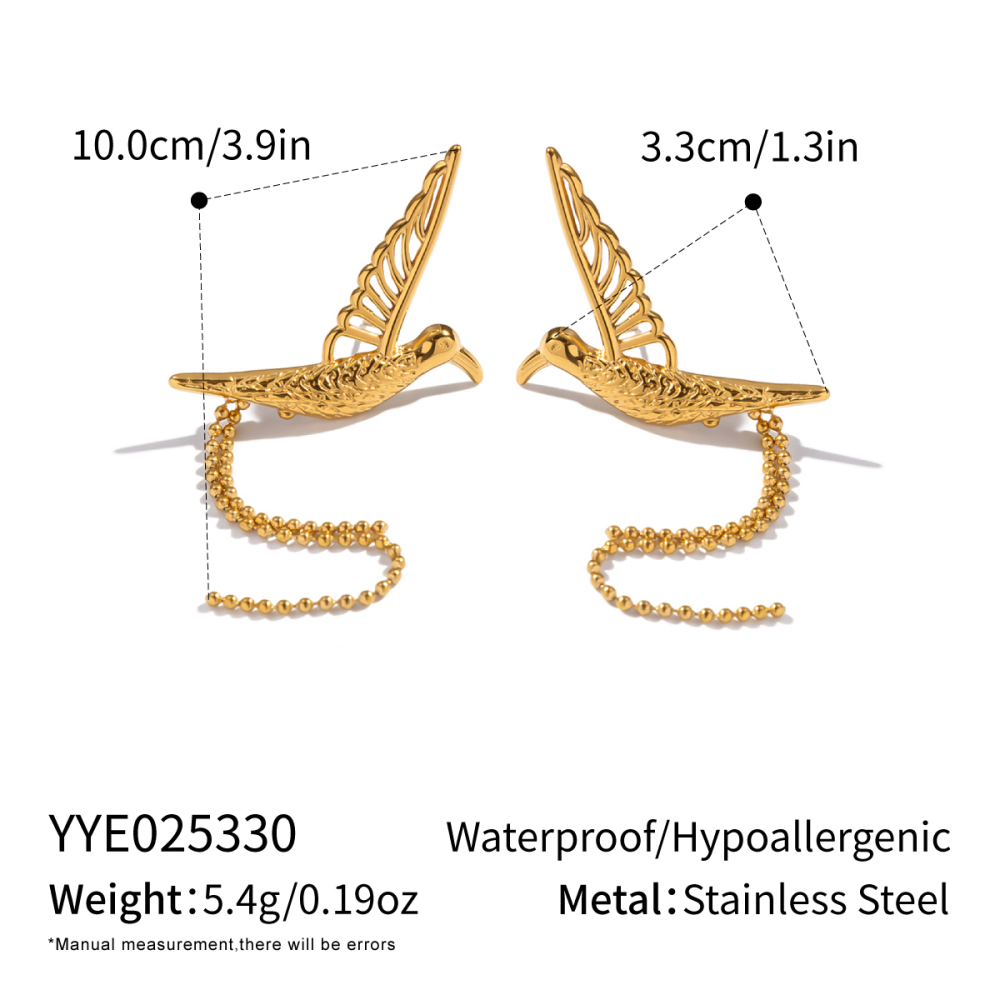Boucles D'Oreilles À Clous En Acier Inoxydable Doré, Motif Oiseaux (1 Paire) 