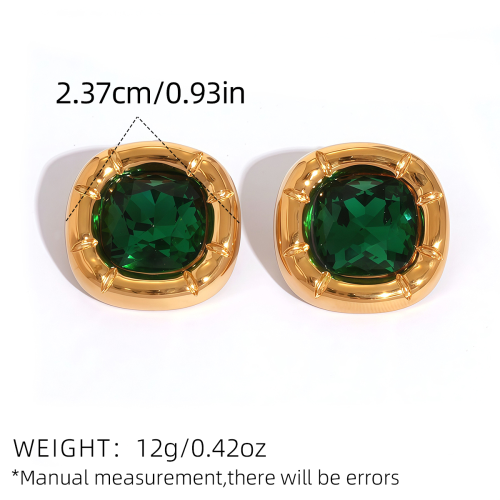 Boucles D'Oreilles Puces Carrées Pour Femmes, En Acier Inoxydable Étanche, Serties De Zirconiums Cubiques Verts (1 Paire). Image2