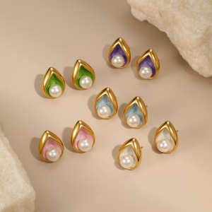 1 Paire De Boucles D'Oreilles Puces Élégantes En Acier Inoxydable, Étanches, Couleur Or, En Forme De Goutte Pour Femme h5 Image2