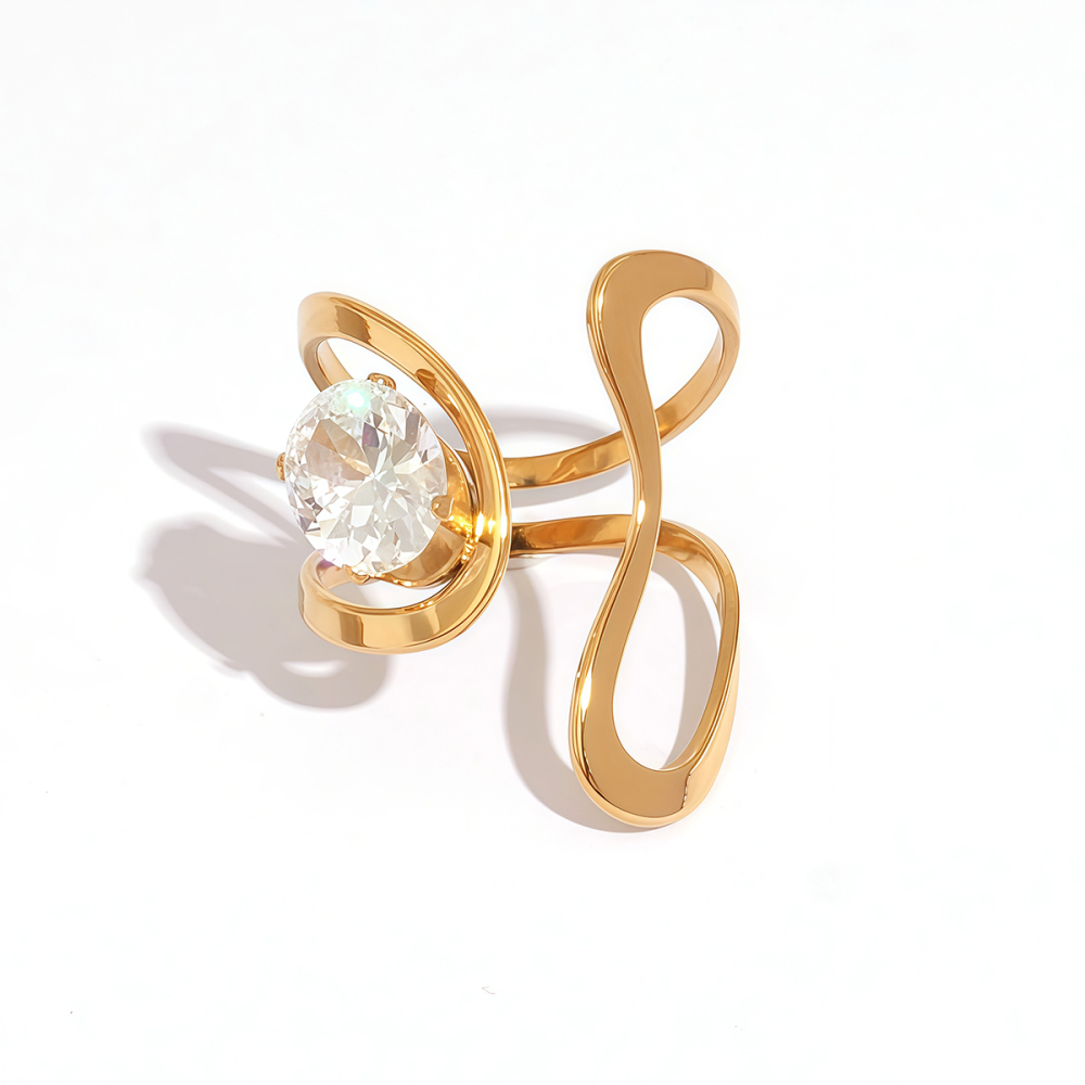 Bague Tendance En Acier Inoxydable Doré, Forme Irrégulière, Étanche, Ornée D'Un Zircon.