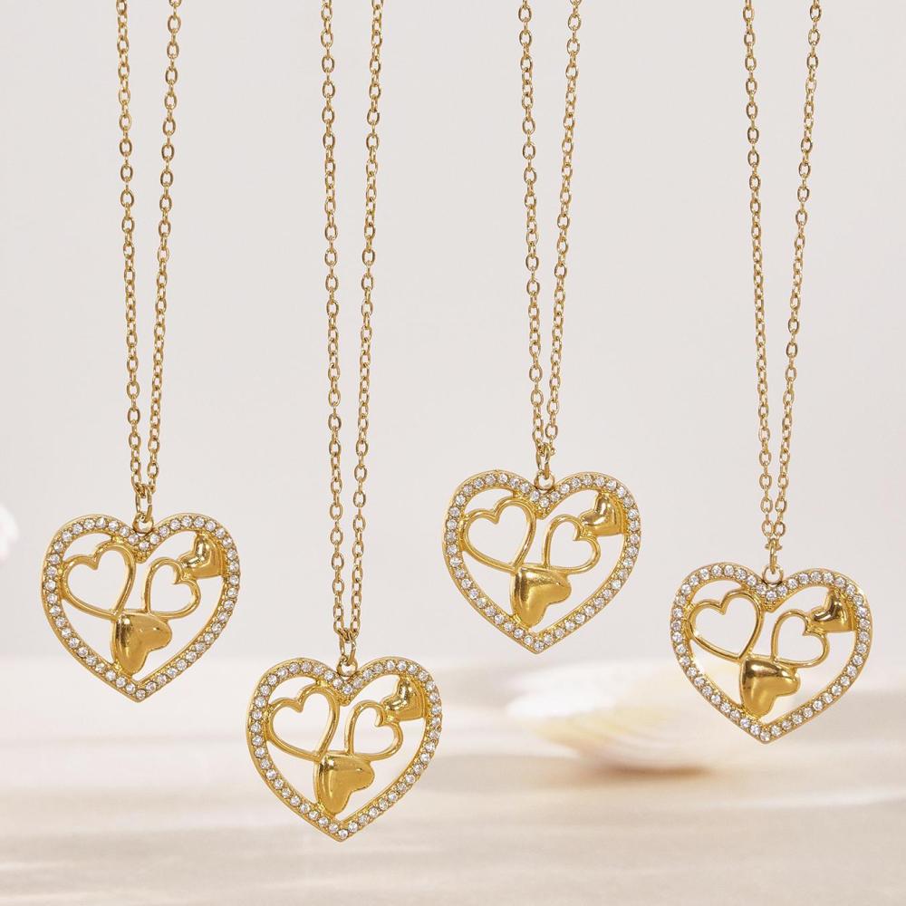 Collier Pendentif Élégant En Forme De Cœur, En Acier Inoxydable Étanche, Couleur Or, Pour Femme (1 Pièce) Image8