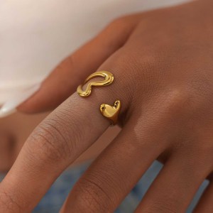 Bague Femme Simple, Ajourée, En Acier Inoxydable Étanche Couleur Or (1 Pièce) h5 Image6