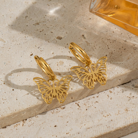 Boucles d'oreilles pendantes romantiques papillon en acier inoxydable étanche couleur or pour femme (1 paire)