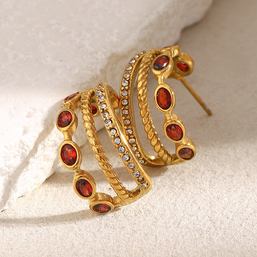 1 Paire De Boucles D'Oreilles Créoles Classiques Pour Femme, En Acier Inoxydable Étanche, Couleur Or, Avec Zircon Rouge Image3