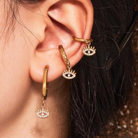 1 paire de boucles d'oreilles pendantes délicates œil de diable en acier inoxydable étanche couleur or avec zircon pour femme
