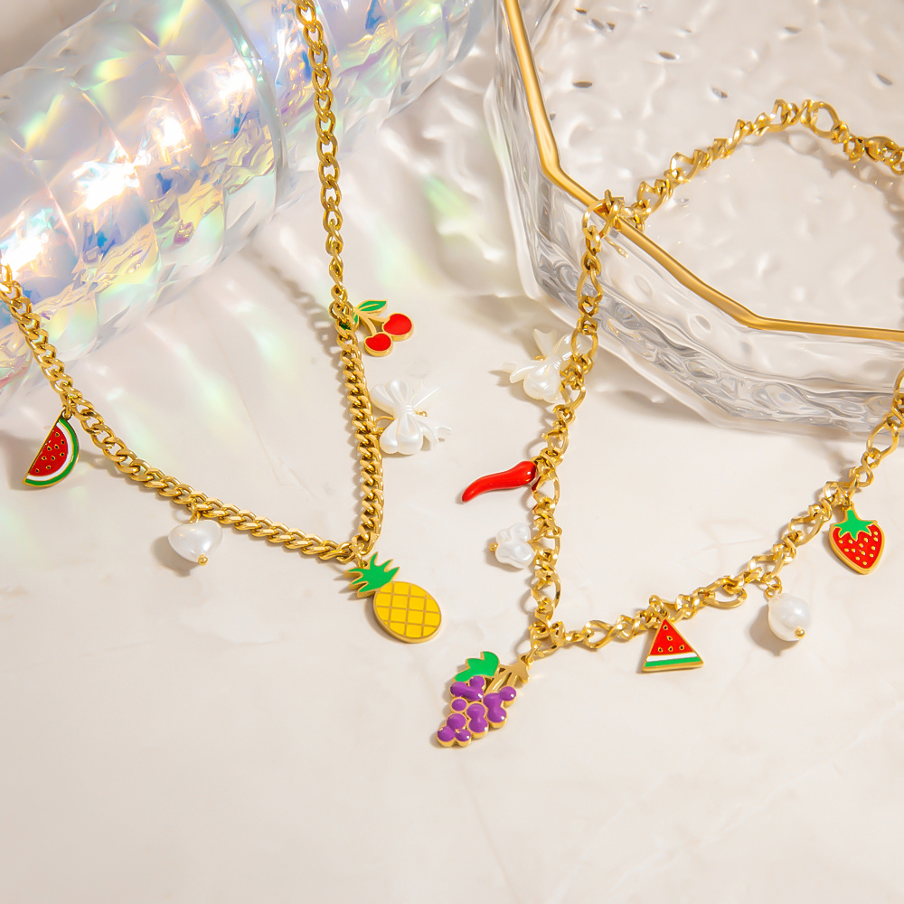 Collier Pendentif Femme Romantique Et Décontracté En Acier Inoxydable, Couleur Or, Motif Fruit. Image5