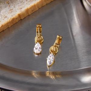 Boucles D'Oreilles Pendantes Luxueuses Pour Femme, En Acier Inoxydable Doré Étanche, Ornées De Zircon, Avec Une Paire De Pierres Précieuses. h5 Image3