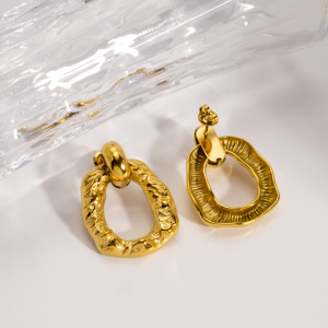 Boucles D'Oreilles Puces Pour Femme, En Acier Inoxydable Imperméable, Forme Irrégulière Décontractée, Motif Martelé (1 Pièce). h5 Image4