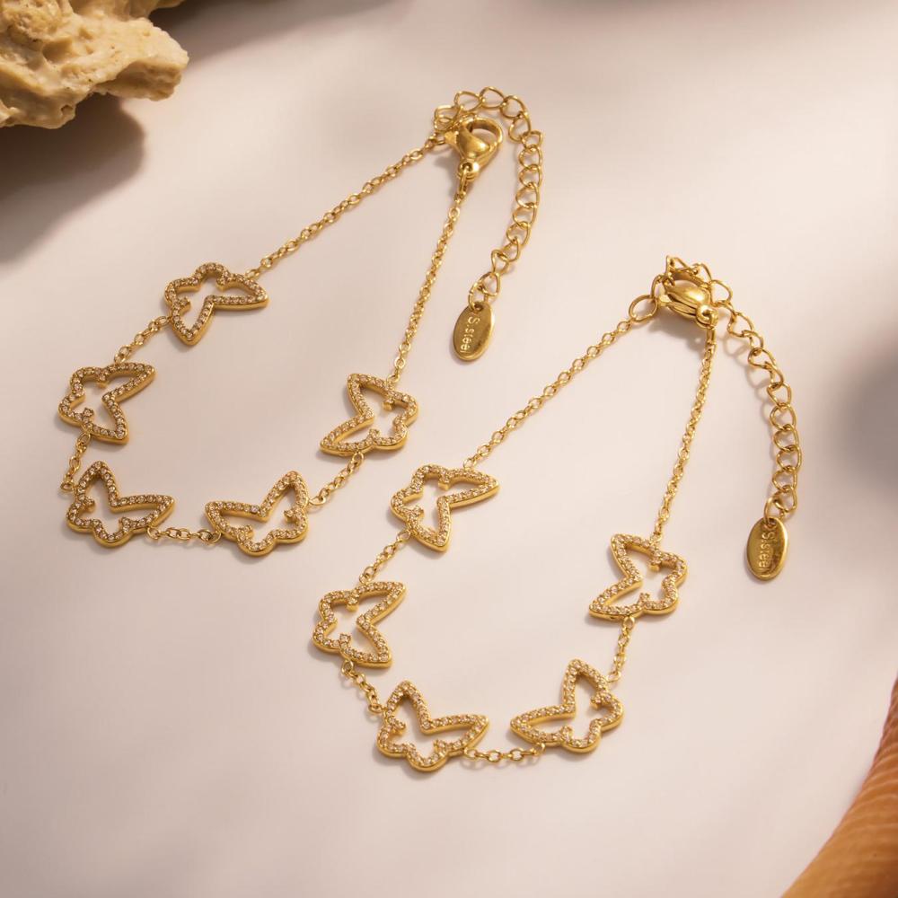 Bracelet À Maillons Pour Femme, En Acier Inoxydable Doré, Orné D'Un Papillon Et De Zircon, Imperméable (1 Pièce). h5Image6