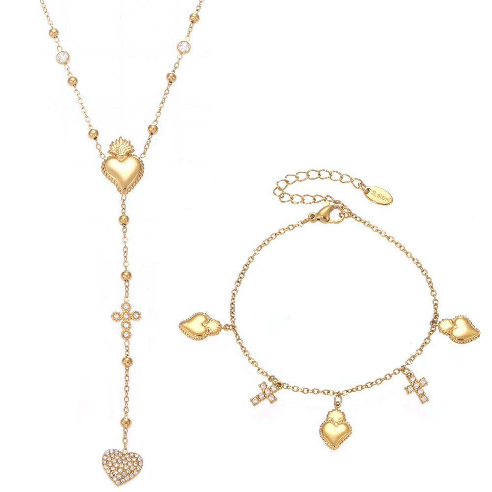 Ensembles De Bijoux Pour Femmes En Acier Inoxydable Doré, Forme Croix Et Cœur, Collection Romantique h5Image9