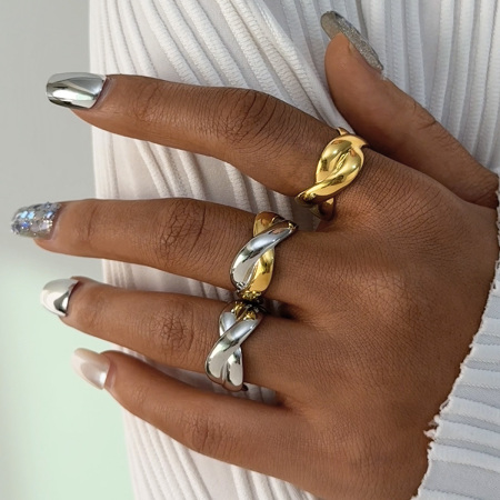 Bague femme rétro de forme irrégulière en acier inoxydable étanche couleur or (1 pièce) 2