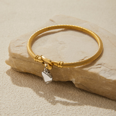 Bracelet jonc femme simple en forme de cœur, en acier inoxydable, étanche, couleur or et argent 2