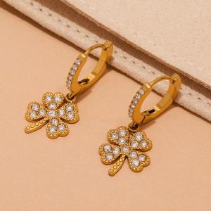 1 Paire De Boucles D'Oreilles Pendantes Élégantes En Acier Inoxydable Doré, Ornées De Zircon, En Forme De Trèfle, Pour Femme. h5 Image2