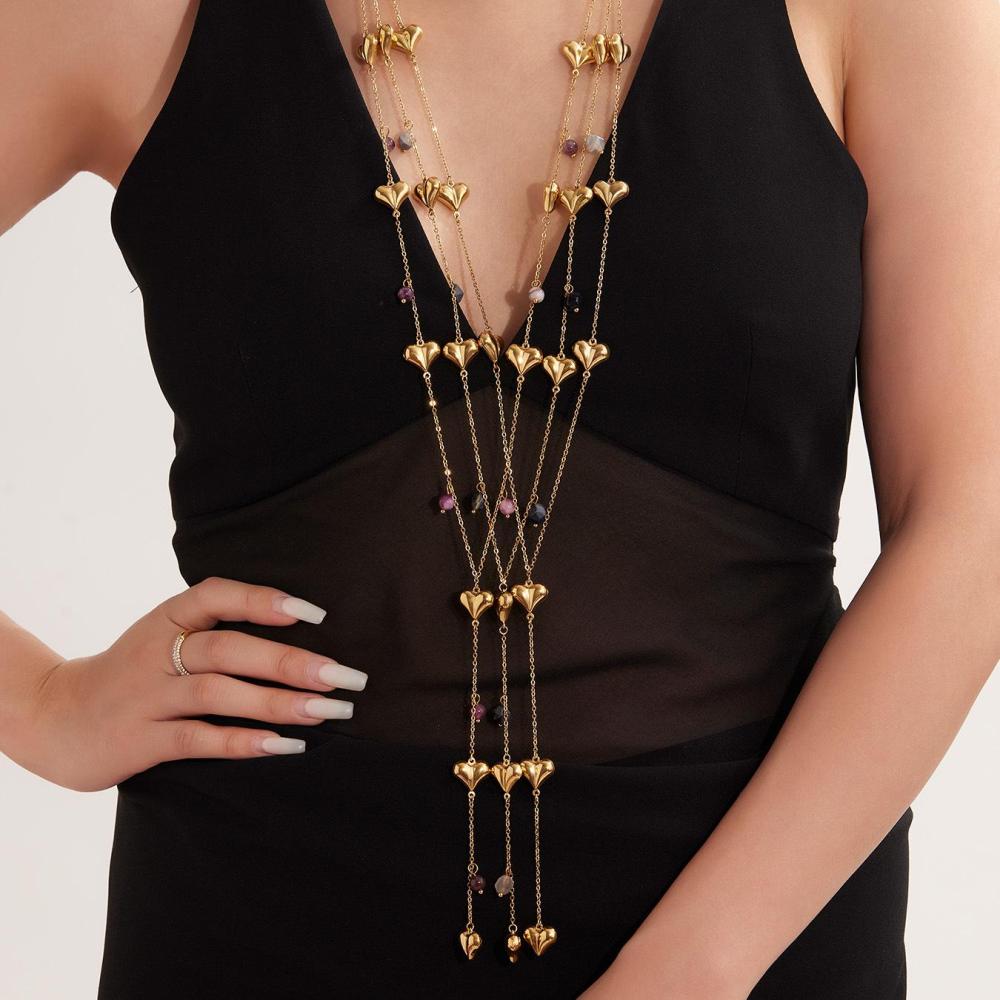 Collier Long Pour Femme En Acier Inoxydable Imperméable Avec Pierre Naturelle Et Motif Cœur Délicat (1 Pièce) h5Image5