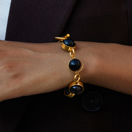 Bracelet pour femme en perles de verre noires, acier inoxydable, couleur or, étanche.