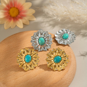 1 Paire De Boucles D'Oreilles Puces Daily Flower En Calaïte, Acier Inoxydable, Couleur Or, Pour Femme. h5 Image3