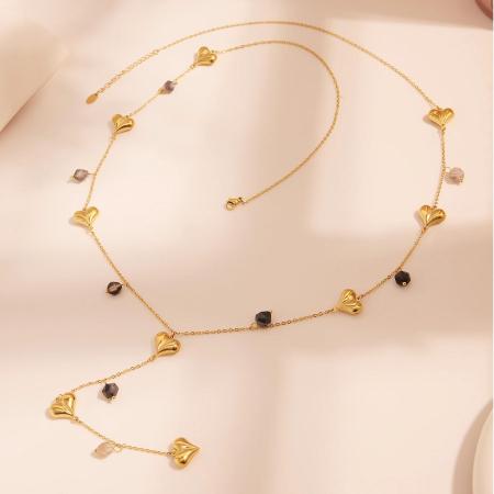 Collier long pour femme en acier inoxydable imperméable avec pierre naturelle et motif cœur délicat (1 pièce) 2