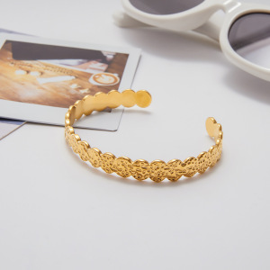 Bracelet Manchette Pour Femme, 1 Pièce, En Acier Inoxydable Martelé, Étanche, Couleur Or h5 Image7