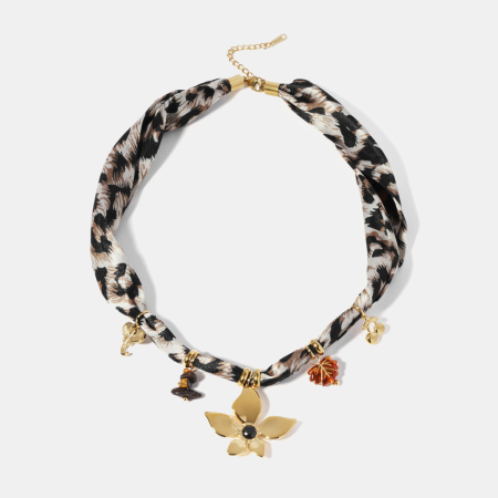 Collier pendentif en acier inoxydable imperméable à motif léopard et fleur