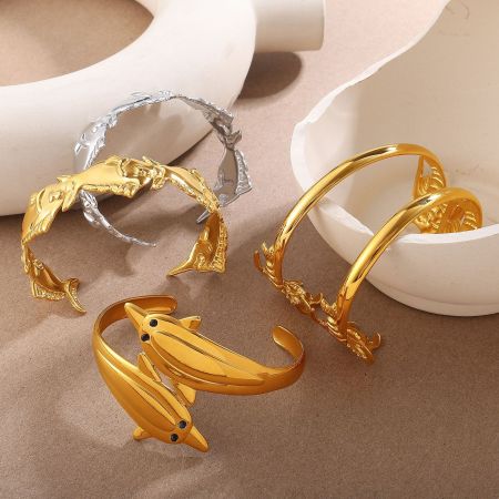 Bracelet manchette étanche en acier inoxydable doré, en forme de poisson (1 pièce)