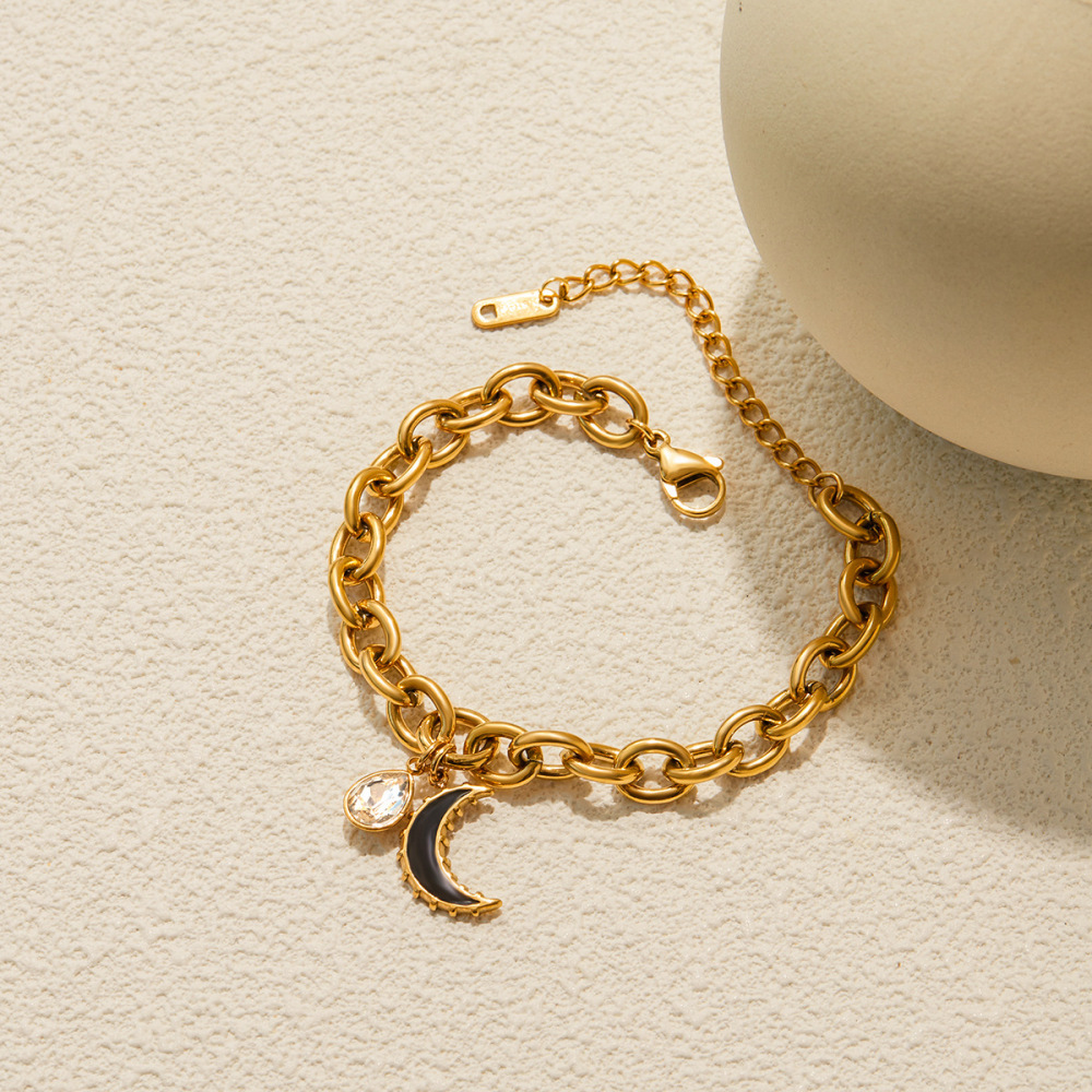 Bracelet À Breloques Classique Lune Pour Femme, En Acier Inoxydable Étanche, Couleur Or (1 Pièce). Image5