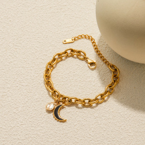 Bracelet À Breloques Classique Lune Pour Femme, En Acier Inoxydable Étanche, Couleur Or (1 Pièce). h5 Image5