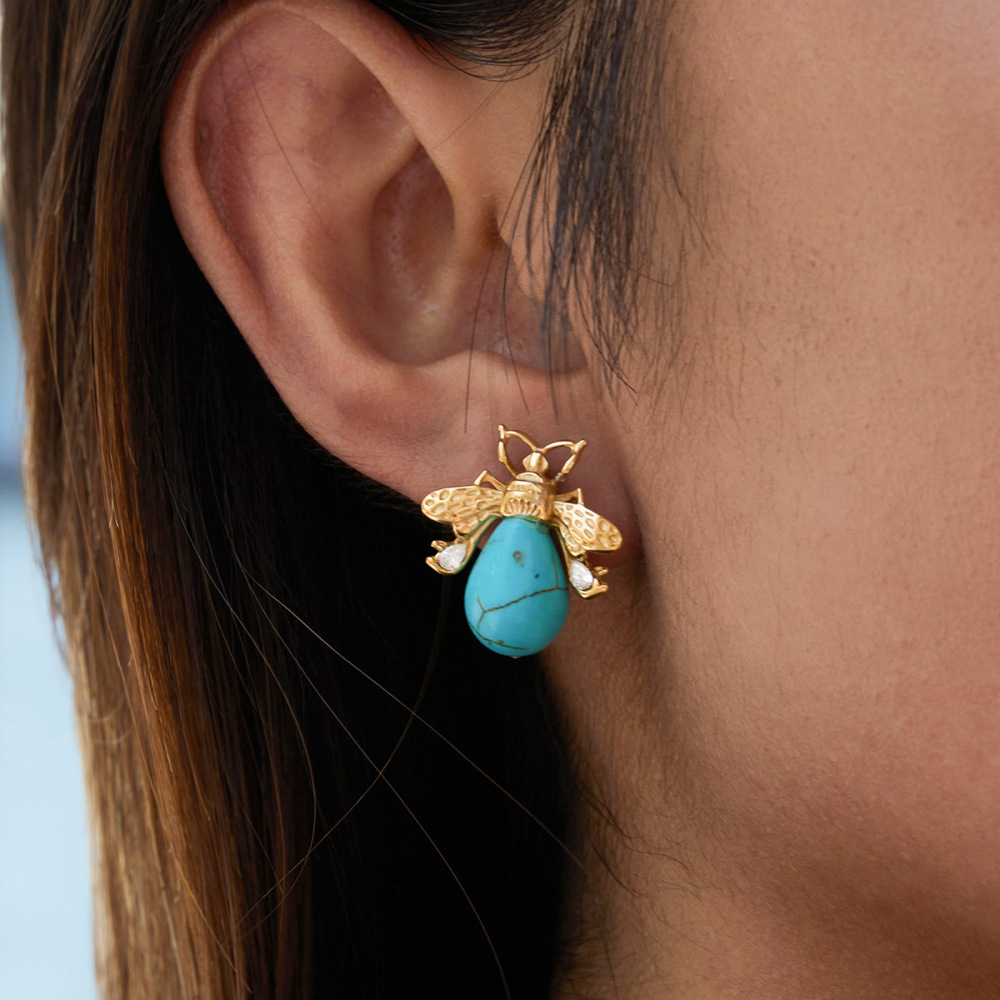 1 Paire De Boucles D'Oreilles Puces Chics En Acier Inoxydable Doré, Imperméables, Avec Pierre Naturelle Et Zircon, Motif Insectes. h5Image3