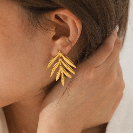 Boucles d'oreilles puces pour femme, en acier inoxydable doré, motif feuille simple, imperméables, 1 paire