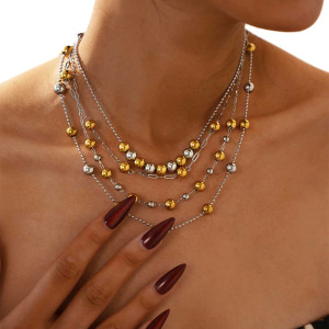 Collier De Perles Pour Femme, Simple, En Acier Inoxydable Imperméable, Couleurs Or Et Argent Mélangés (1 Pièce) h5 Image4