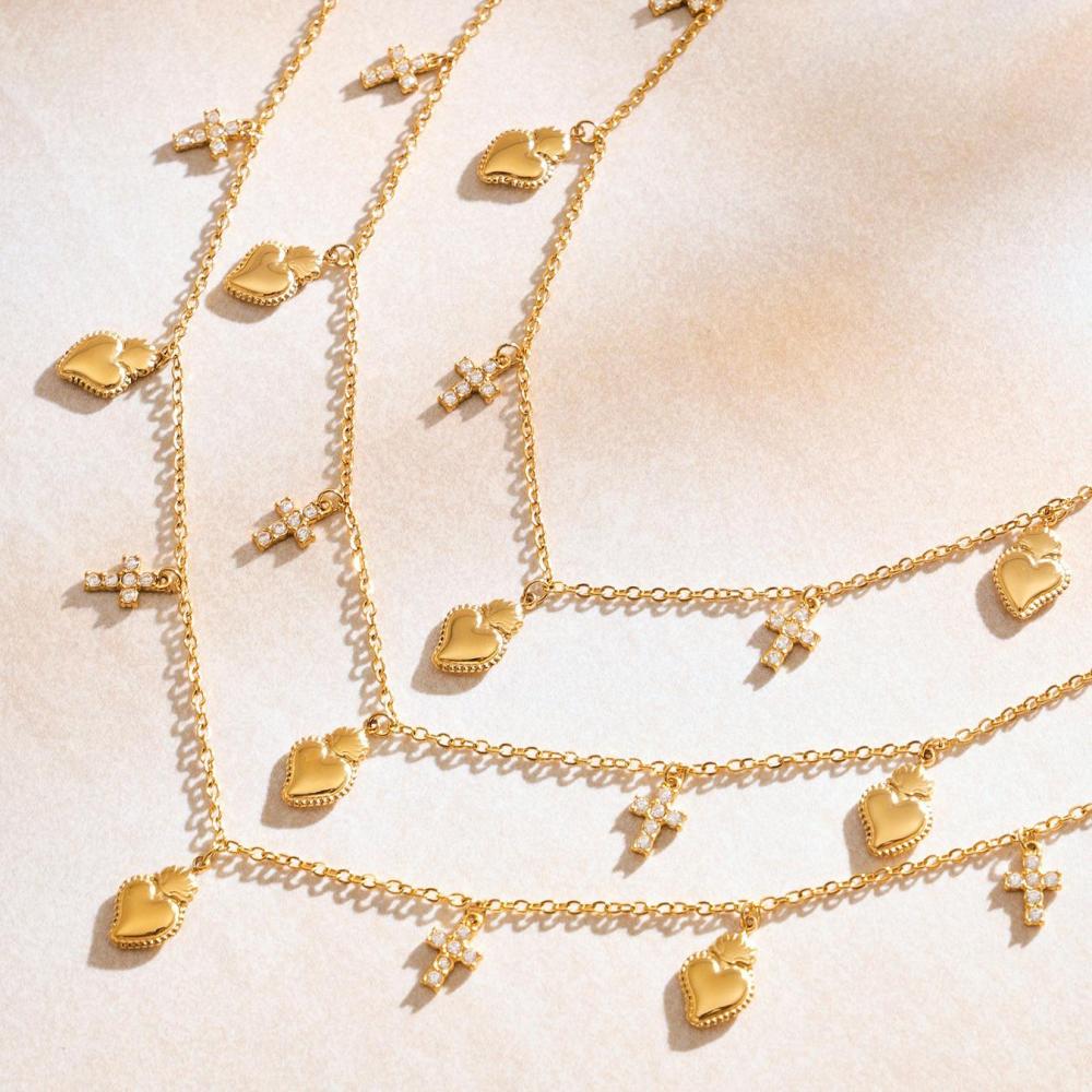Ensembles De Bijoux Pour Femmes En Acier Inoxydable Doré, Forme Croix Et Cœur, Collection Romantique h5Image6