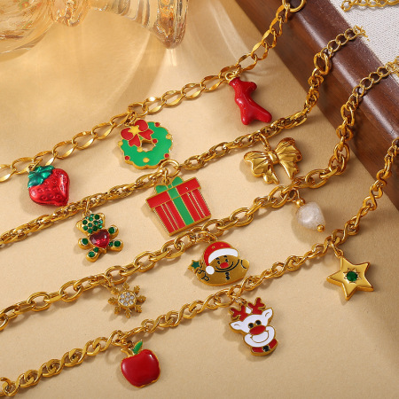 Bracelet à breloques de Noël en acier inoxydable étanche, couleur or (1 pièce)