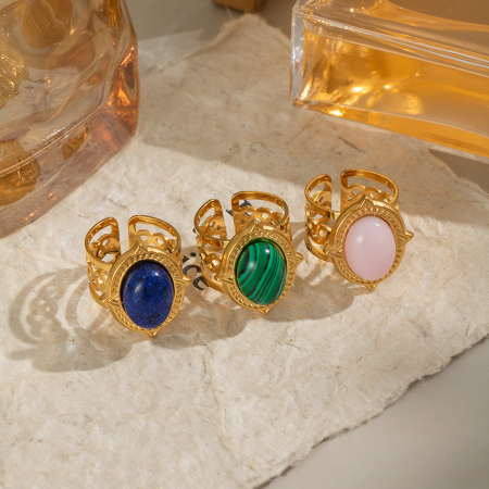 Bague pour femme en acier inoxydable doré, style rétro, avec lignes ovales et pierre naturelle. 2