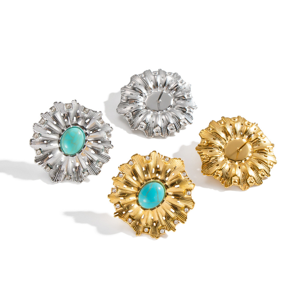 1 Paire De Boucles D'Oreilles Puces Daily Flower En Calaïte, Acier Inoxydable, Couleur Or, Pour Femme. Image5