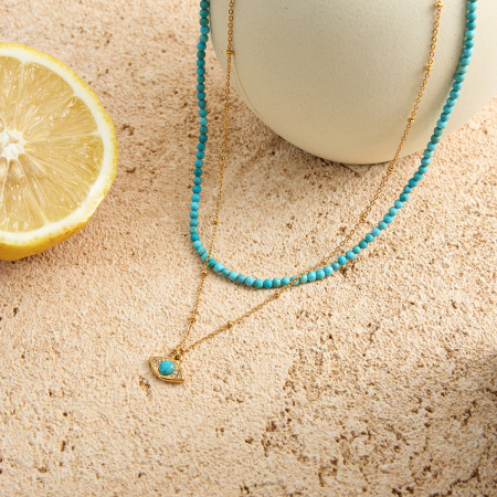 Collier à plusieurs rangs pour femme, en acier inoxydable, couleur or, orné d'un délicat œil de diable en calaïte. (1 pièce) 2