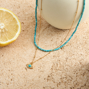 Collier À Plusieurs Rangs Pour Femme, En Acier Inoxydable, Couleur Or, Orné D'Un Délicat Œil De Diable En Calaïte. (1 Pièce) h5 Image3