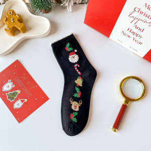 1 Paire De Chaussettes Mi-Mollet Classiques En Coton Pour Femme, Motif Père Noël h5