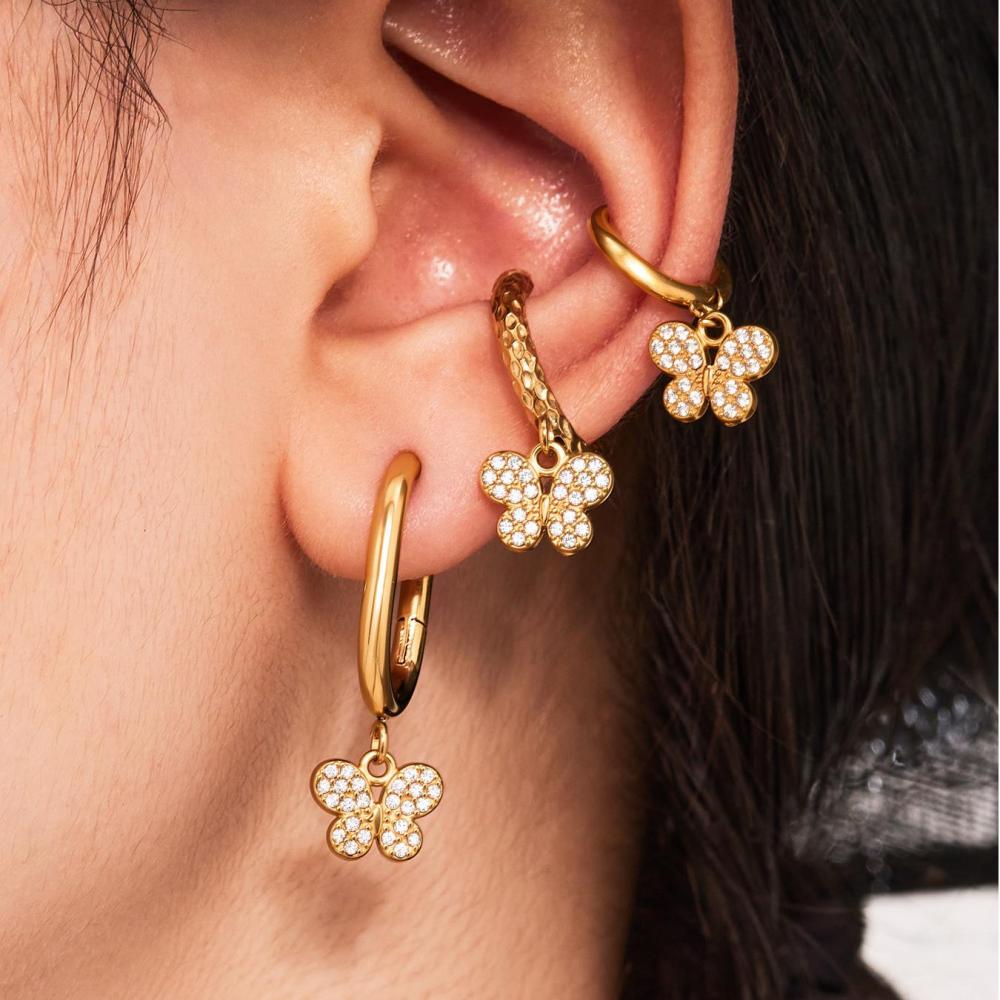Boucles D'Oreilles Pendantes Pour Femme, Motif Papillon, En Acier Inoxydable Étanche, Couleur Or (1 Paire). Image3