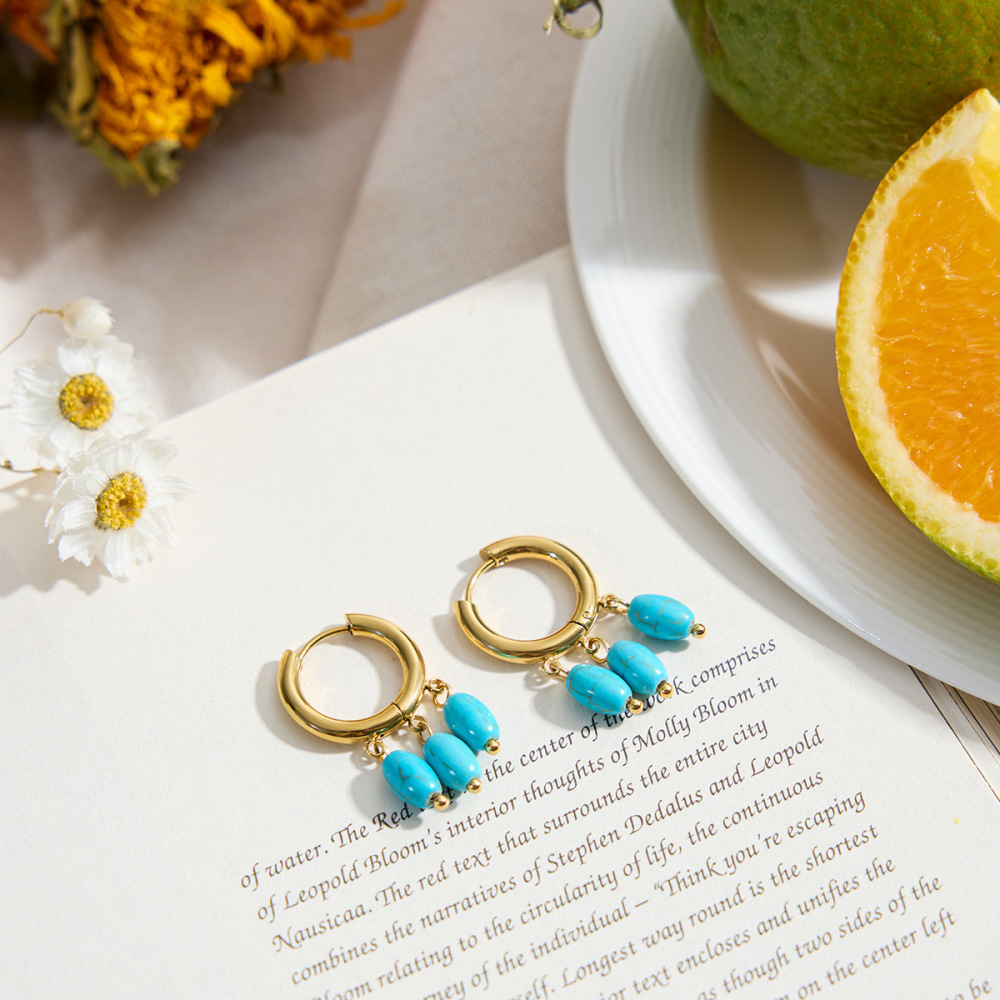 Boucles D'Oreilles Pendantes Élégantes Pour Femme, En Acier Inoxydable Doré Et Calaite, Imperméables, Avec Une Paire De Pierres. h5Image4