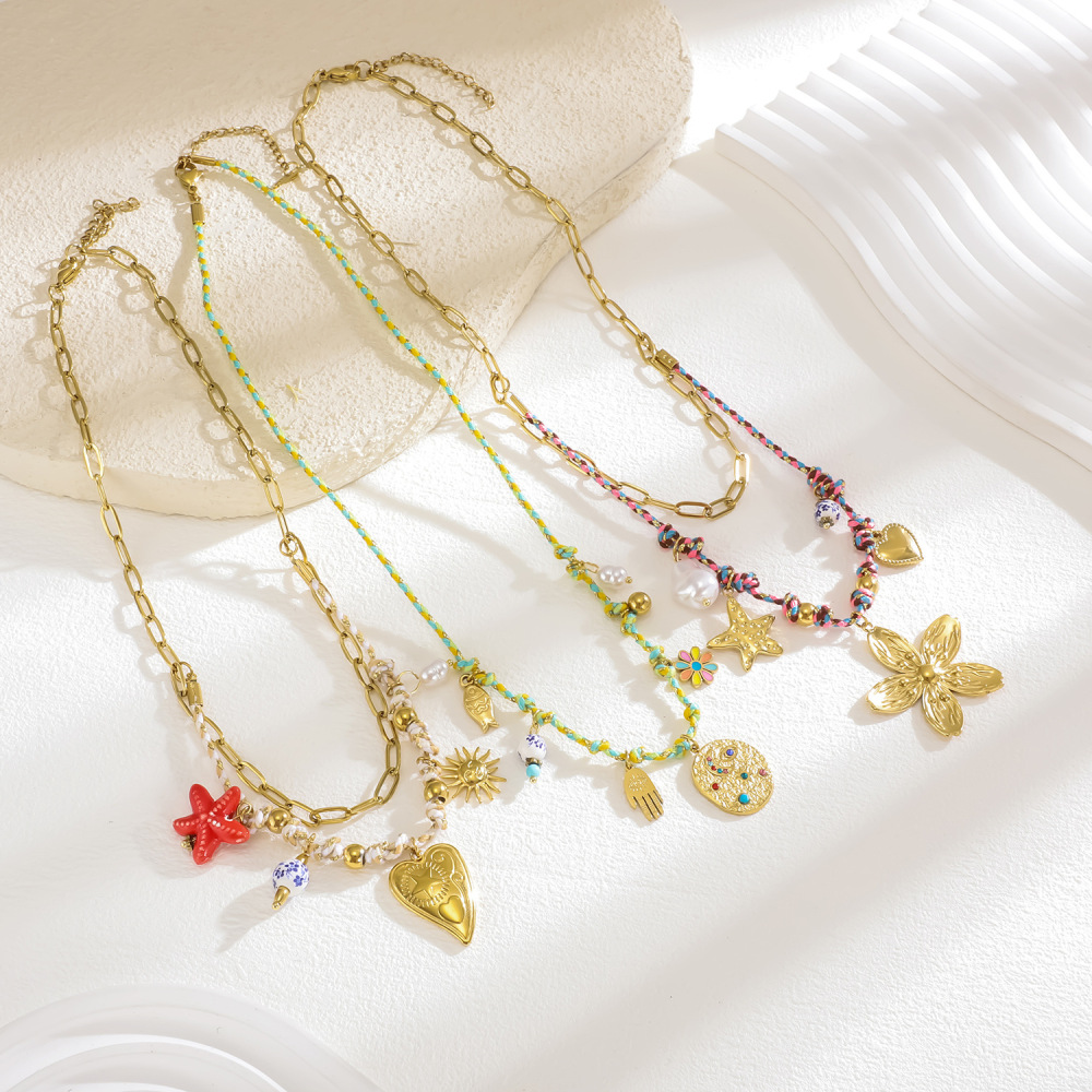 Collier Tressé Pour Femme, En Acier Inoxydable, Couleur Or, Avec Motif Floral Éclatant (1 Pièce) Image3