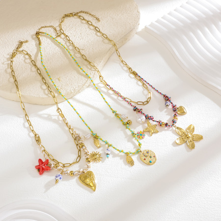 Collier tressé pour femme, en acier inoxydable, couleur or, avec motif floral éclatant (1 pièce) 2