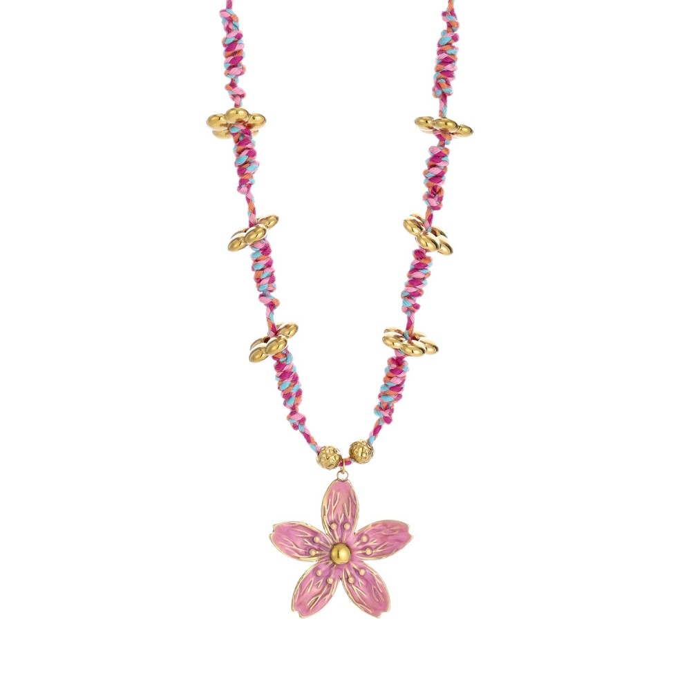 Collier Avec Pendentif En Acier Inoxydable Doré Pour Femme, 1 Pièce, Corde Tissée À La Main, Motif Floral 