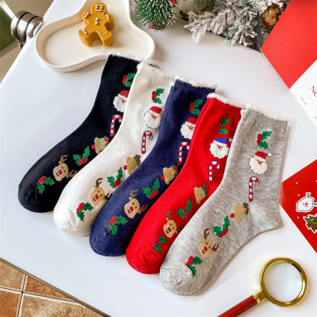1 paire de chaussettes mi-mollet classiques en coton pour femme, motif Père Noël