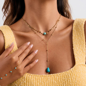 Collier Superposé Classique En Acier Inoxydable Doré, Orné D'Une Goutte De Calaïte (1 Pièce) h5 Image5