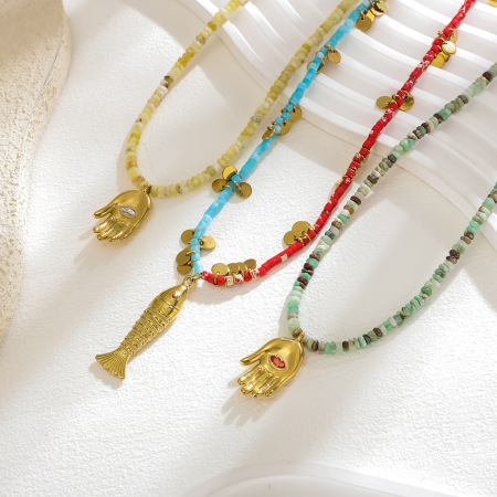 Collier élégant pour femme, en acier inoxydable, étanche, couleur or, orné de pierres naturelles (1 pièce) 2
