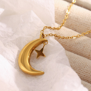 Collier Pendentif Lune Pour Femme, En Acier Inoxydable Étanche, Couleur Or (1 Pièce) h5 Image4