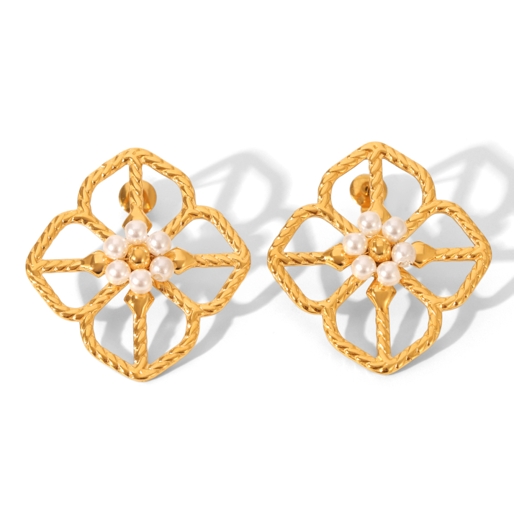 Boucles D'Oreilles Puces Pour Femme, En Acier Inoxydable Doré, Imperméables, Avec Perles Et Motif Floral (1 Paire).