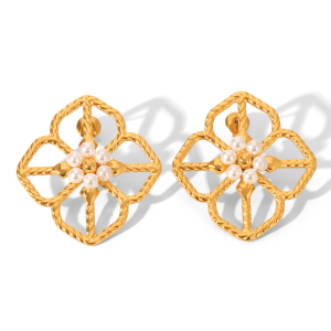 Boucles D'Oreilles Puces Pour Femme, En Acier Inoxydable Doré, Imperméables, Avec Perles Et Motif Floral (1 Paire). h5