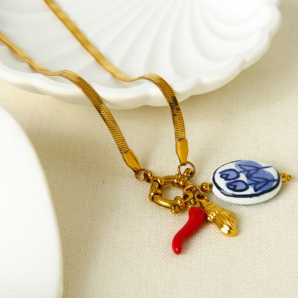 Collier Pendentif Femme Étanche En Acier Inoxydable, Motif Fleur De Poivron Rétro (1 Pièce) Image4