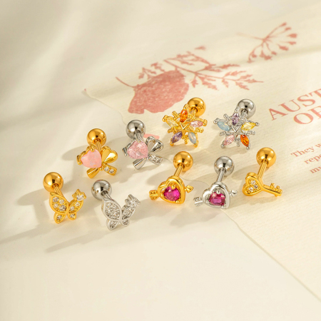 Boucle d'oreille piercing en forme de cœur et de papillon en cuivre et zircon couleur or